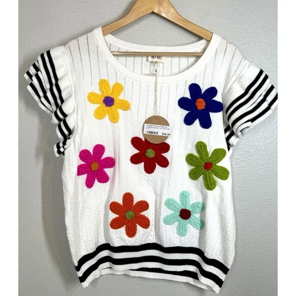 BiBi Floral Embroidered Blouse with Striped Sleeves - Picture 5 of 15